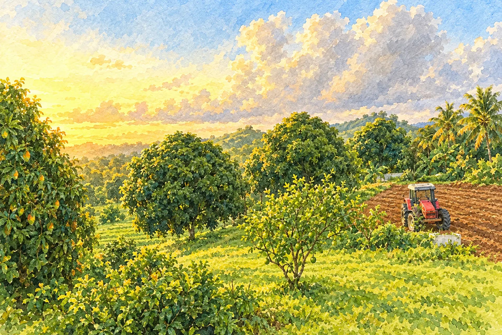 Aquarelle de la ferme au coucher du soleil : manguiers, pelouse et tracteur au loin